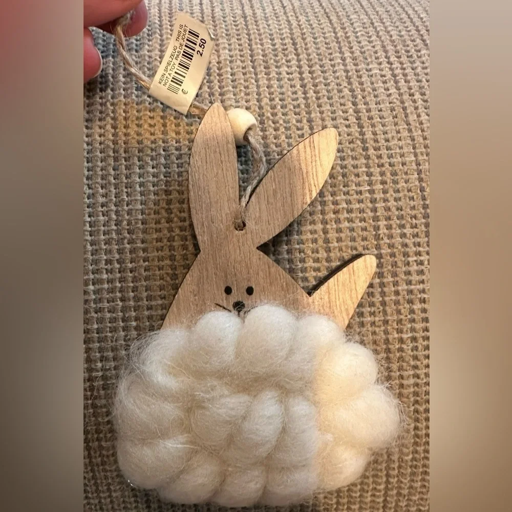 Handmade NEW Wooden Bunny Ornament with Wool Cloud - Picture 1 of 8